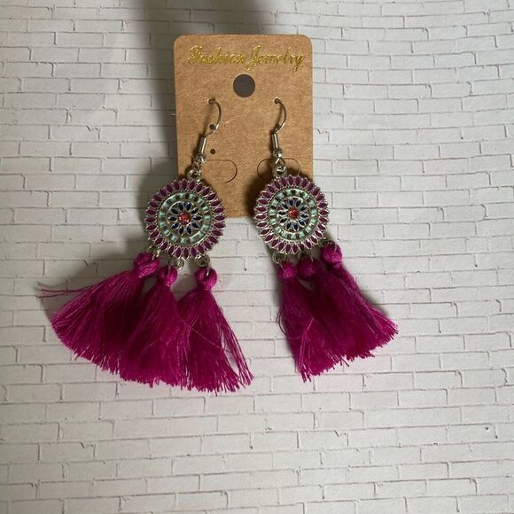 Boho Tassel Earrings with Enamel Mandala - Picture 1 of 5